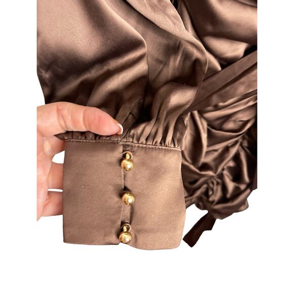 MAJORELLE Bristol Mini Dress Keyhole Neck Ruched Long Sleeve Chocolate Sz Small - Picture 9 of 14